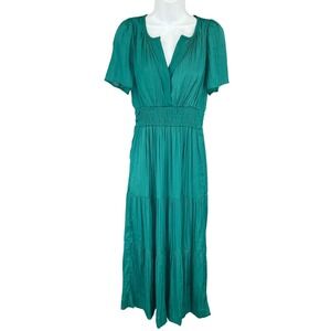 Anthropologie Emerald Green‎ Maxi Dress Short Sleeve Tiered Flowy Sz XS